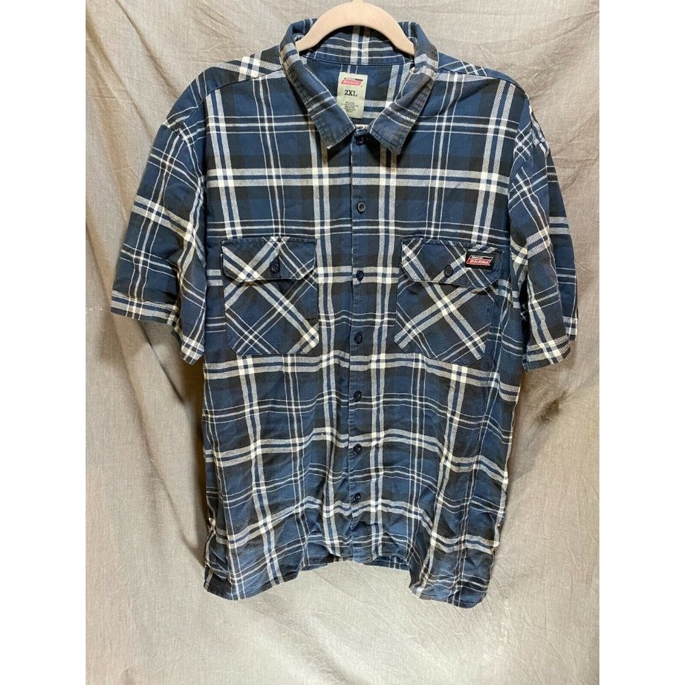 Dickies Button Up Shirt Adult 2XL Blue White Black Plaid Casual Mens.
